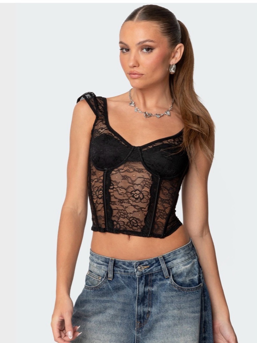 Edikted Black Lace Bustier Top with Pink Label